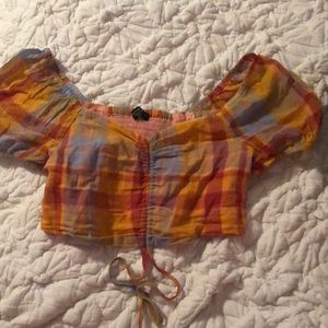 Puff-Sleeve Plaid Crop Top